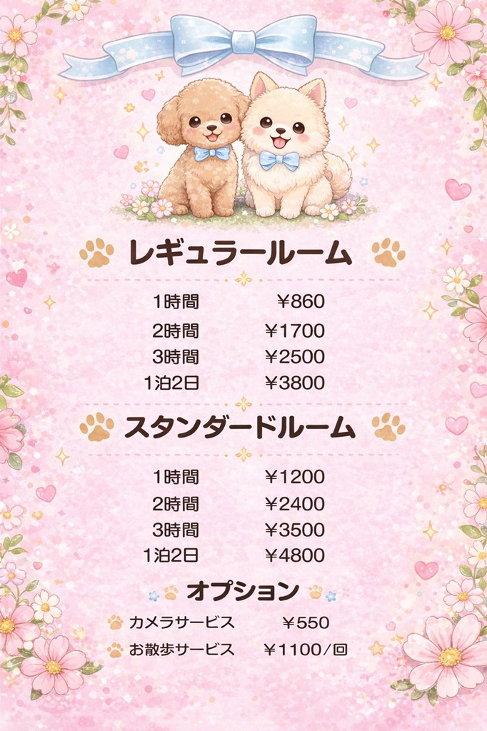 ペットホテル料金表